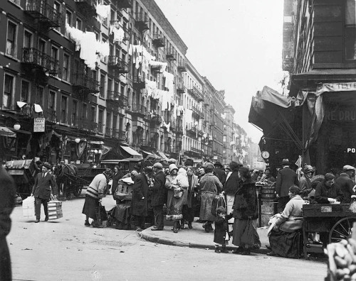 Looking north along Orchard Street from the corner of Rivington Street, with Teitel’s Pharmacy