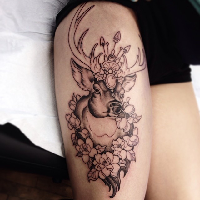 fuckyeahtattoos:  A Magical Buck done by Nora Townsend at Magnetic North Tattoo located