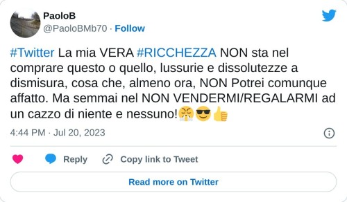 #Twitter La mia VERA #RICCHEZZA NON sta nel comprare questo o quello, lussurie e dissolutezze a dismisura, cosa che, almeno ora, NON Potrei comunque affatto. Ma semmai nel NON VENDERMI/REGALARMI ad un cazzo di niente e nessuno!😤😎👍  — PaoloB (@PaoloBMb70) July 20, 2023