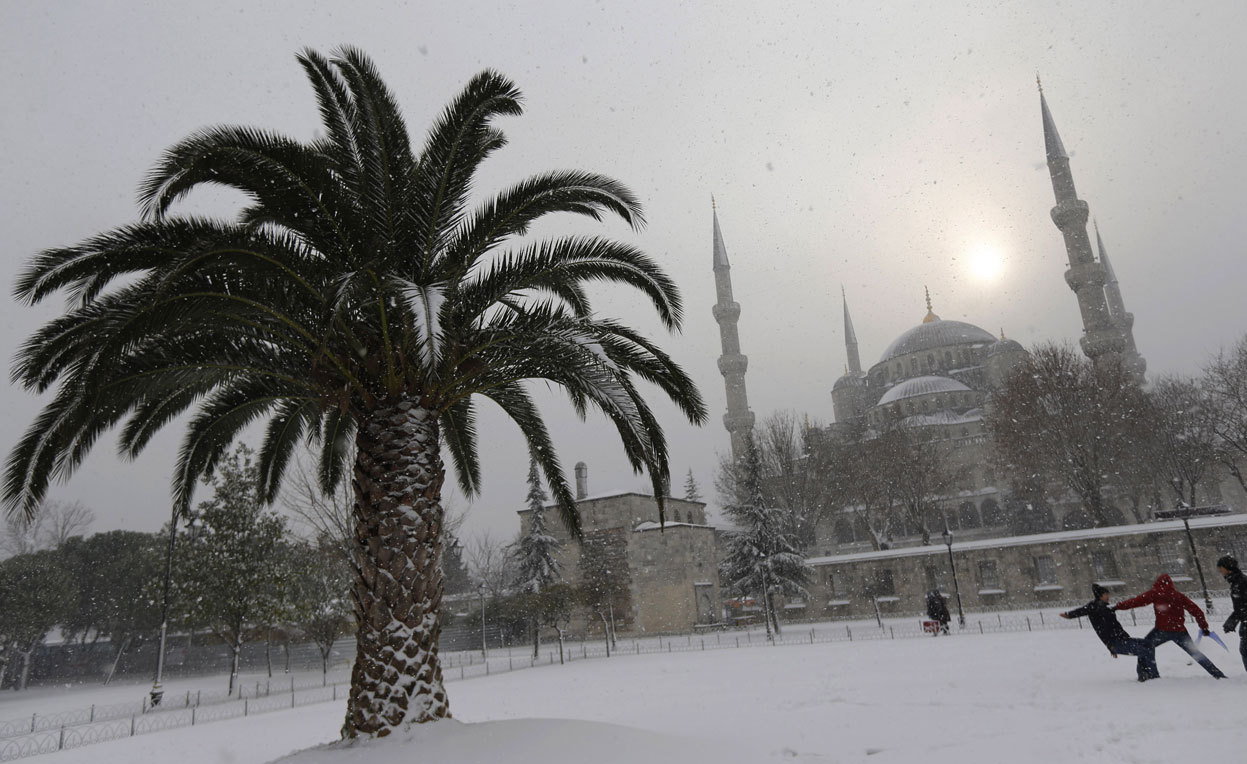From Wintry Weather: Middle East Edition, one of 32 photos. Boys play in the courtyard of the Sultanahmet mosque, known as the Blue mosque, during a snow storm in Istanbul, Turkey, on January 8, 2013. (Reuters/Murad Sezer)