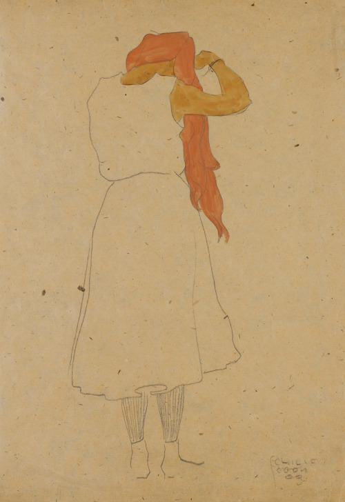 thatsbutterbaby:Egon Schiele, Standing woman combing her long red hair, back view, 1909.   