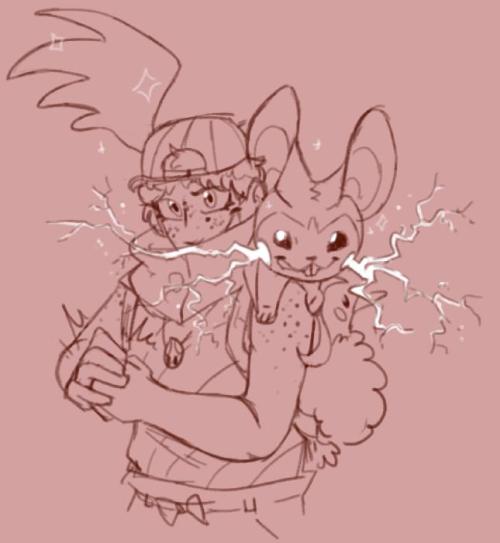 irradiatedsnakes:irradiatedsnakes:[ID: a digital sketch of a pokemon trainer and an emolga. the trai