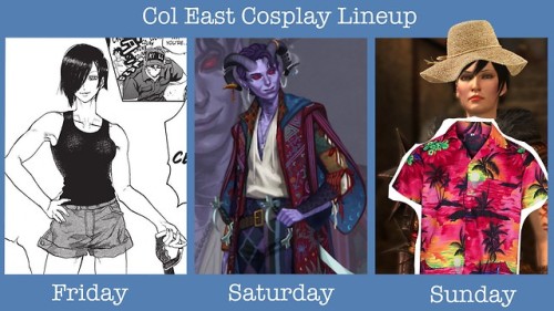 Here’s my cosplay lineup for Colossalcon East this weekend! Maybe I’ll see some of yall there???