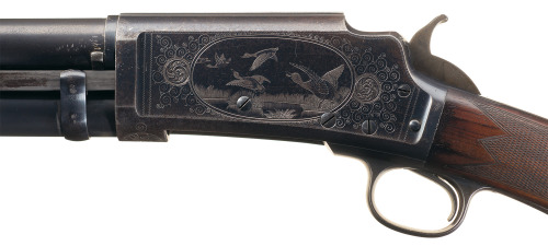 Factory engraved special order Marlin Model 1898 pump action shotgun, circa 1898 - 1905.