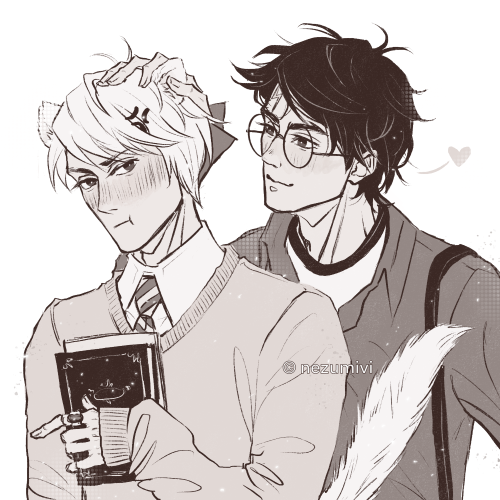 Drarry✨Cringetober day 2 “Animal ears”Draco has ferret’s ears and tail ☺️