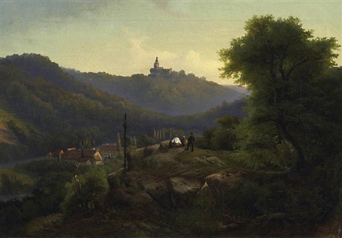 Carl Irmer (1834–1900)Castle Burg on the Wupper. View from a hill to the fortress in the eveni