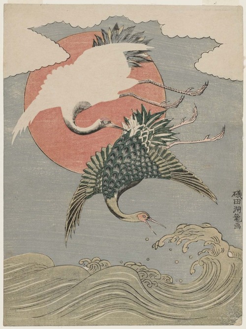 heartbeat-of-leafy-limbs:ISODA KORYUSAI Cranes, Waves and Sun [18th century]