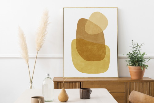 Boho wall art set of 3, Abstract geometric prints with floral, Modern brown and yellow wall art, Ear