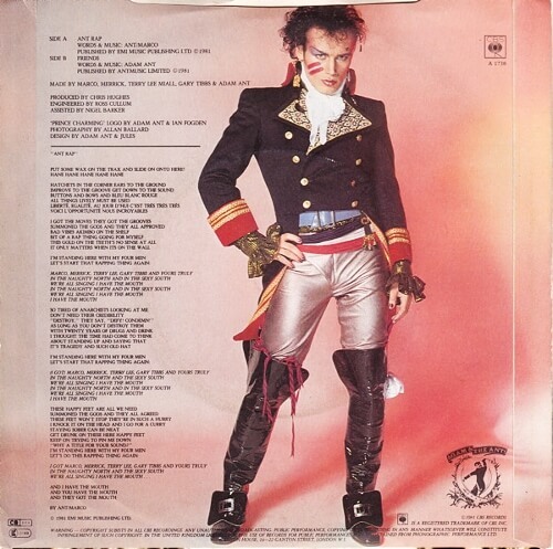 Adam Ant on the rear sleeve of “Ant Rap” (1981)