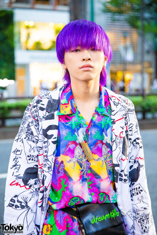 20-year-old student Kanade on the street in Harajuku wearing a mixed prints look by the Japanese bra