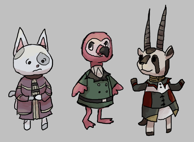 Lara, Yulia, and Anna from Pathologic drawn as animal crossing characters. Lara is a white cat, Yulia is a flamingo, and Anna is an antelope.