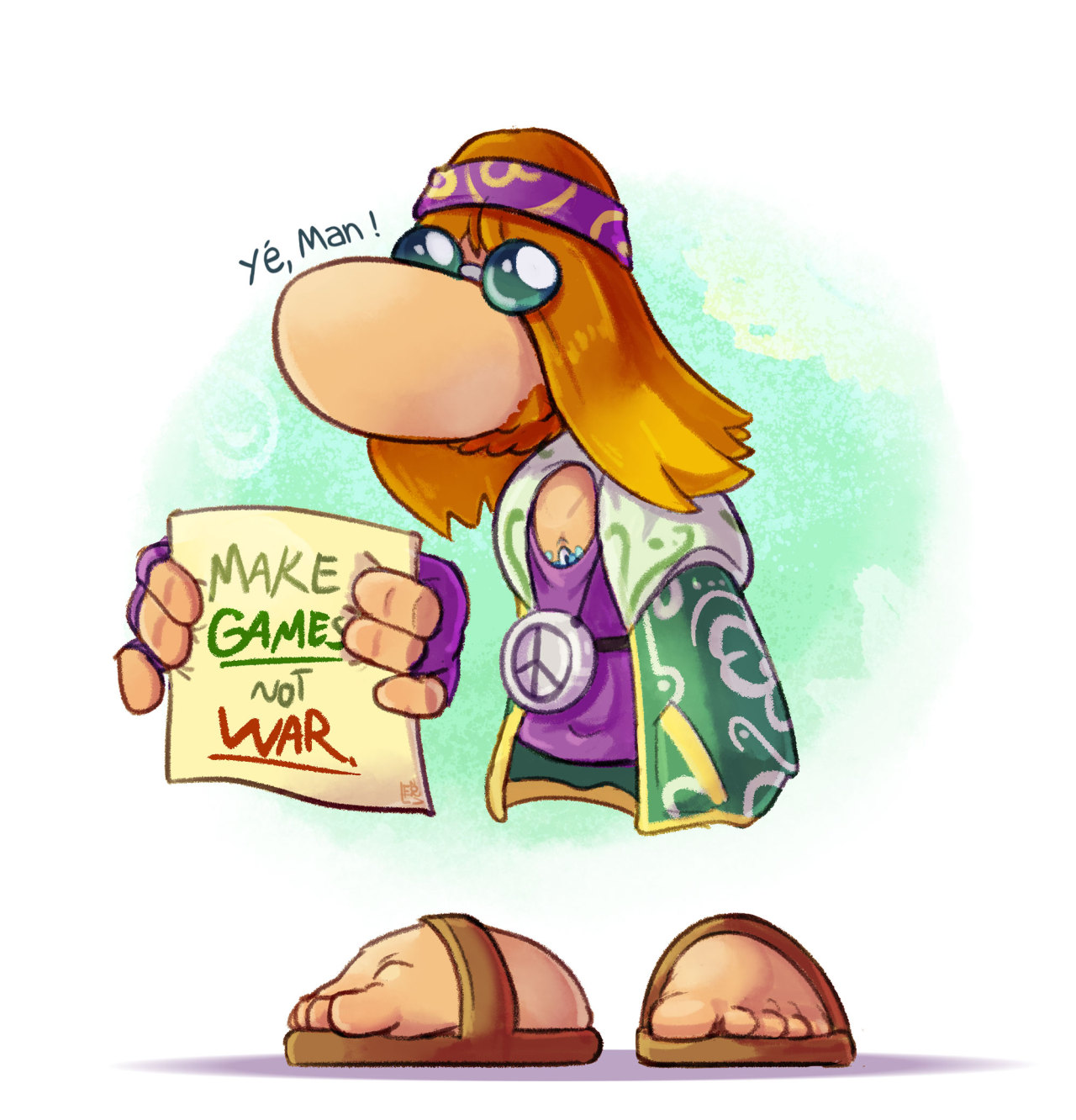 Outfit meme 3 : Yeahman, the Hippie
Make games, not war.
Rayman has a lot of outfits and costumes during his career. It kinda started with Rayman 3 with the power up, also the Rabbids games, and recently games like Rayman Legends. ( I know most of...