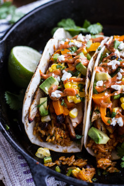 do-not-touch-my-food:  Chicken Fajitas with Cheesy Enchilada Rice and Tex-Mex Sauce