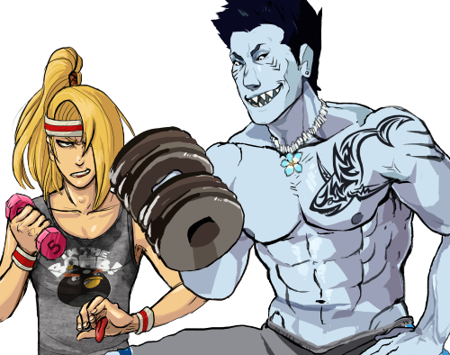 conversationparade:  “kisame you KNOW heavier weights HURT my hands” mine and keile’s drawing of kisame and deidara getting their sweat on at the gym 