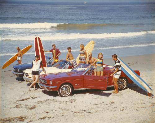 kafkasapartment:Friends with surfboards in Ford Mustangs, 1960s. Tom Kelley. C- Print