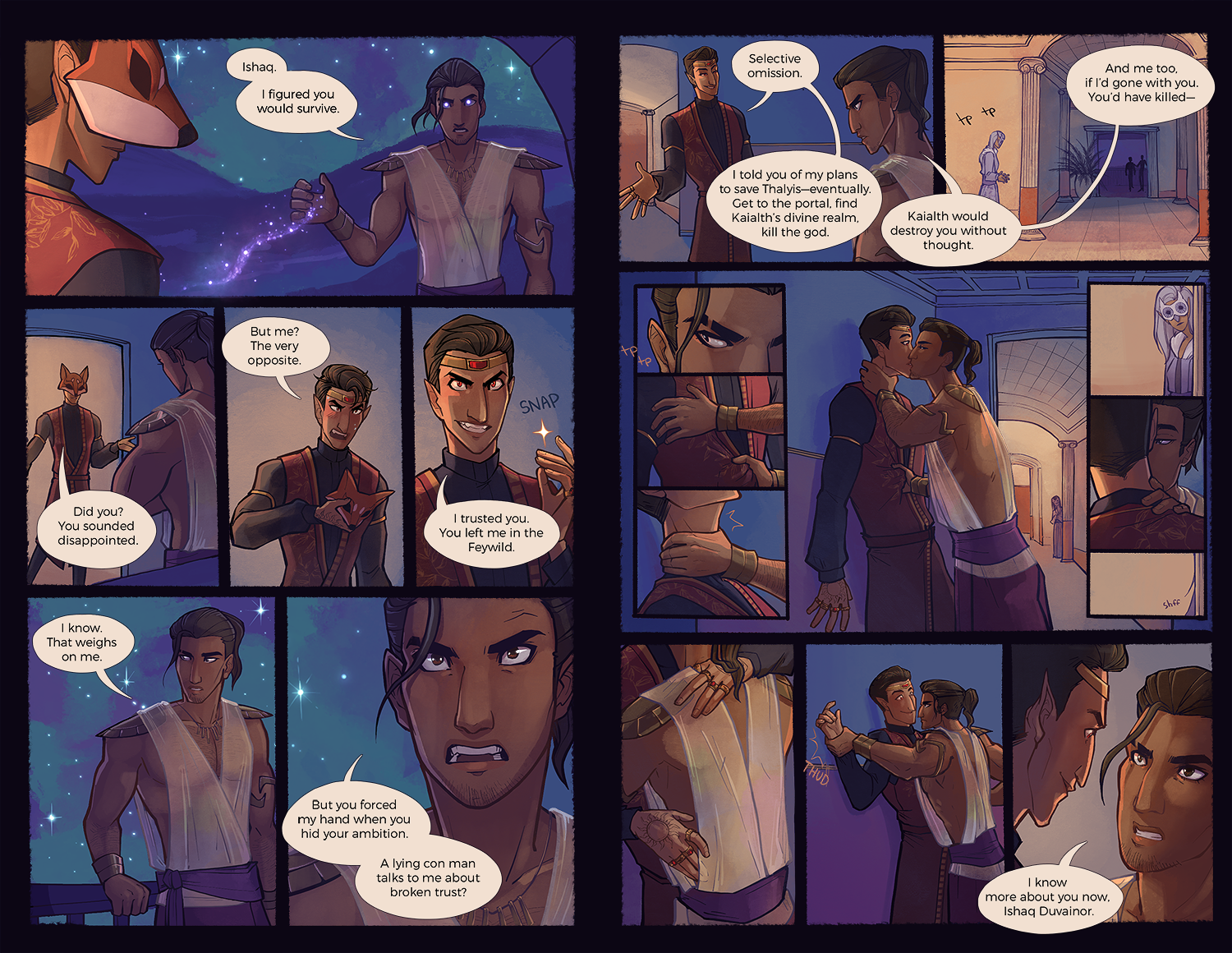 two-page comic with the sorcerer Ishaq Duvainor and the cleric Ashraf Salib confronting each other over betrayals.