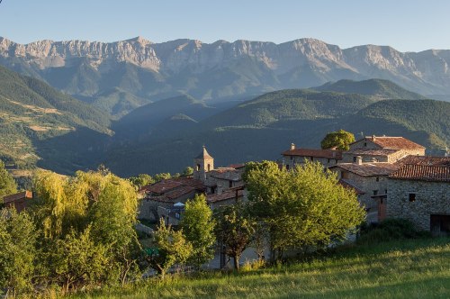 The village of Travesseres with the Cadí mountain range in the background. High Pyrenees, Catalonia.