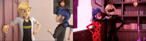 michigopyon:  miraculous-chan:  Adrien vs Chat Noir  I love this so muchhh It’s so interesting to see side-by-side how while he’s essentially doing the same exact gesture, there are little differences. Adrien is more subtle and proper- straight back,