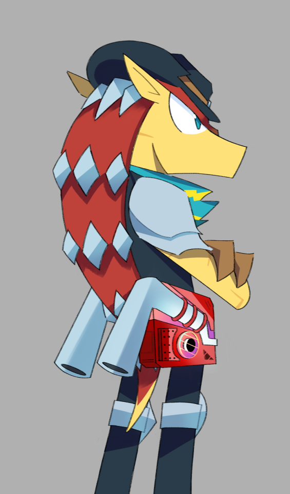 a digital art of Dillon the Red Flash with his Dead-Heat Breakers outfit.
He's seen from knees up and standing with his back partly facing the camera. He's looking onward with his arms crossed.
His red and silver blue engines are drawn with a bit more detail. The beginning silver part of the engine has three red rings around it. There's a glowing orange and purple circle and a small air vent holes on the left side of it.
The background a plain gray color. End description