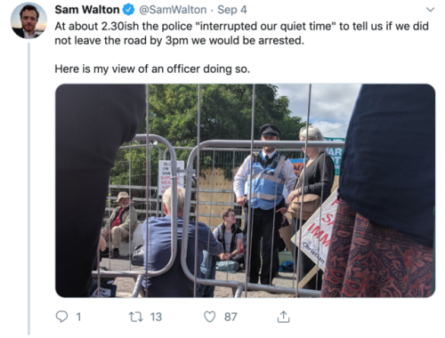 quakerism:Twitter thread by peace activist Sam Walton about police response to British Quakers prote