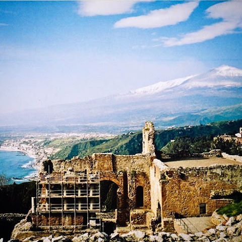 View of Mt. Etna from the Greek Theater in Taormina The towering landscape over Sicily is the one an