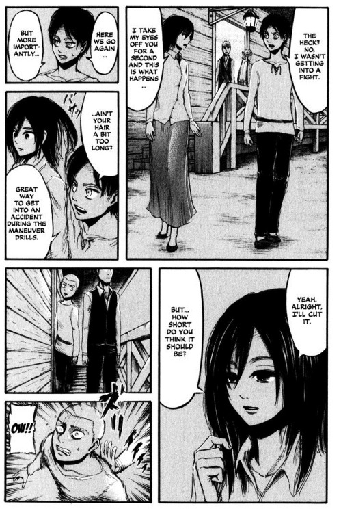 ice-blue-sunrise:  So Jean pretty much wiped his just decided friendship with Eren on Connie’s shirt, because he probably thought that Eren heard his compliment to Mikasa, but just didn’t care. I mean this is the beginning of Jean hating Eren. THIS.
