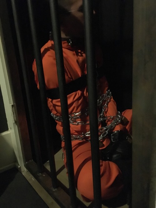 seabondagesadist:  The prisoner came to visit for some heavy bondage and captivity. After processing he found himself in orange, tape gagged, muzzled, shackled, mittens, chained and strapped in heavy bondage for several hours… 