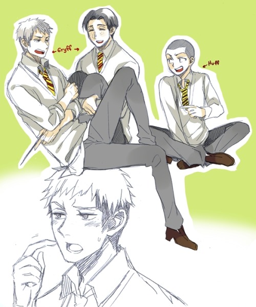 rivailleplz:  ask—rivaille:  most-powerful-soldier:  killthemtitans:  lucky7marco:  reiner—braun:  進撃のホグワーツ by なし   (( oh my gosh I love hp aus. I picture Jean wanting to be in Slyth but ends up being sorted into Gryff and he rages