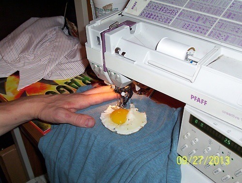 liquidglue:  on this day one year ago someone sewed a fried egg to a tshirt 