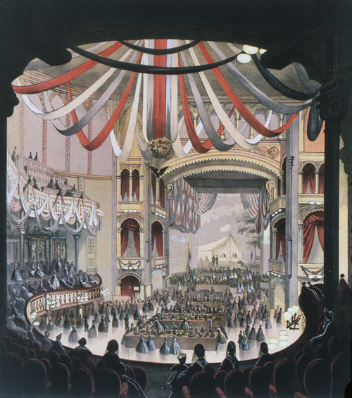 Fashion Show, 1864. Interior View of the Academy of Music as Seen from Dress Circle. Colored inks. P