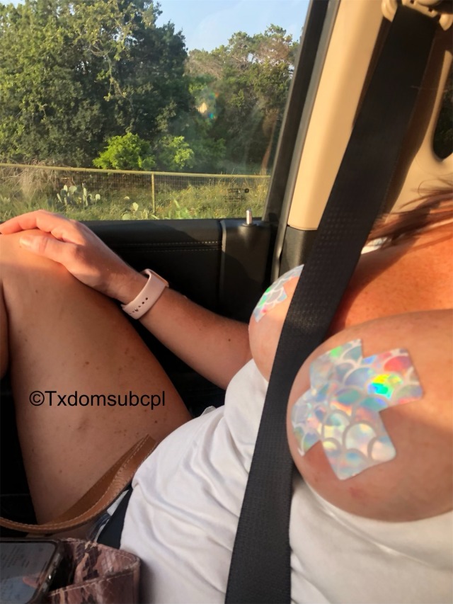 txdomsubcpl:Just driving around town getting into trouble. Reblog if you want me to take off the pasties. 