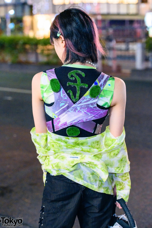 14-year-old Japanese street style personality Raiki on the street in Harajuku wearing a harness by S