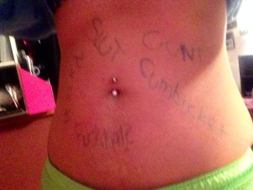 awillingslaveforyou: One of its weekly tasks. Write 5 degrading words on it. “Cunt, cumbucket,