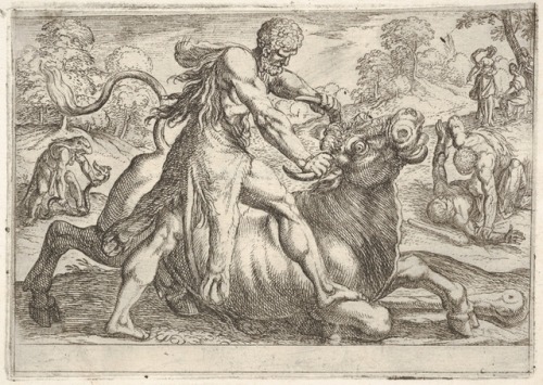 met-drawings-prints: Hercules and Achelous: at center Hercules grasps the horns of a bull while pres