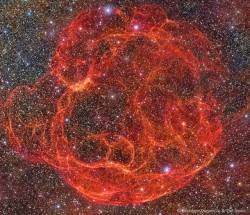 just&ndash;space: Simeis 147: Supernova Remnant  : Its easy to get lost following the intricate strands of the Spaghetti Nebula. A supernova remnant cataloged as Simeis 147 and Sh2-240, the glowing gas filaments cover nearly 3 degrees  6 full moons  on