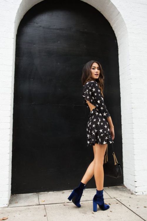 Amy Zhang from the theluxilook in Steve Madden boots and a Realisation Par dress.