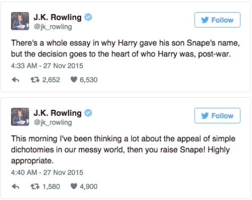 mashable: J.K. Rowling opens up about why Harry named his son after Snape