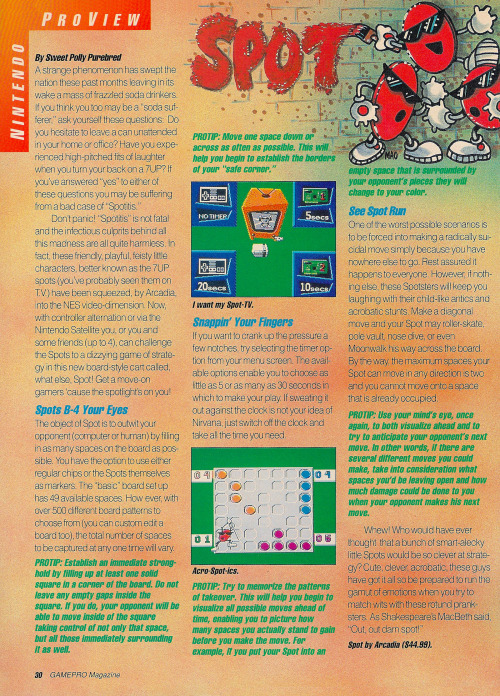 oldgamemags:  Gamepro #13, August 1990 - A preview of Spot - not Cool Spot, but the prior puzzle game.  Follow oldgamemags on Tumblr for more awesome scans from yesteryear!