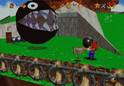 suppermariobroth:  In Super Mario 64, if the Chain Chomp in Bob-omb Battlefield is hit with a Bob-omb’s explosion, it will shoot up vertically and remain in the air for a few seconds before coming down.