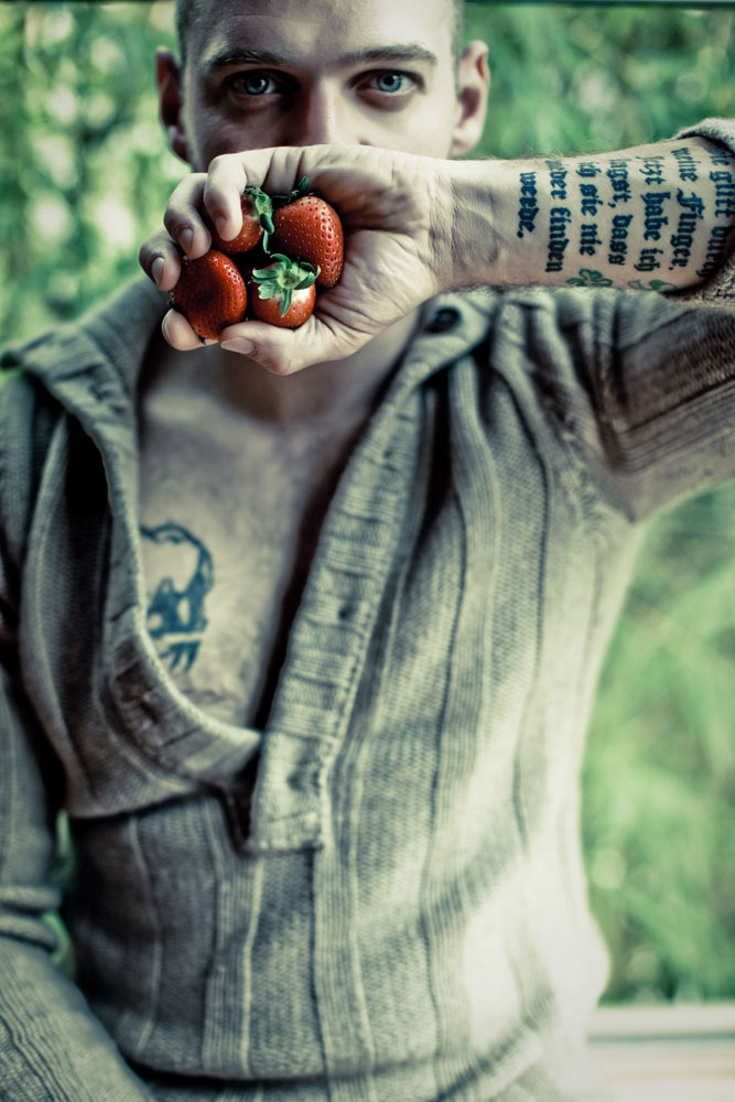 ADAM KLESH strawberry gag and cup (dolce &amp; gabbana pullover) -photographed