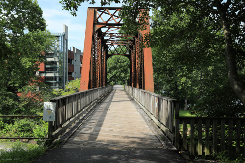 The old B&amp;O Railroad bridge at the Wharf District in Morgantown once supported a constant st