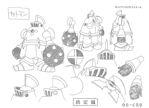 Megaman Production Art Scan of the Day #401:Knghtman.EXE Head Shot + Full Body Character Design Shee