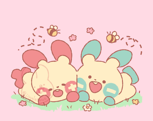 Plusle and Minun laying down on the grass with their cheeks squished against each other. There are bees buzzing around their heads. Plusle is sleepy and Minun has a big smile.