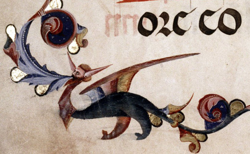 Detail of a grotesque.Antiphonal. MS. Don. a. 11. Italian illumination. 14th c. (via)