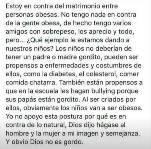 Ahí lo dejo… cuanto prejuicio, cuanta tontería, cuanto gilipollas. Cambiese gordo por lo que se quiera.