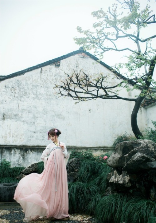 Hanfu (han chinese clothing) photoset via 小狐狸叫黛黛. This style of hanfu is called “Qixiong Ruqun/齐胸襦裙”