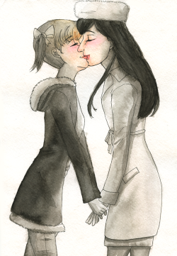 maybellepeppermint:  Warmth of a Kiss, India Ink, Schmicnke watercolor, ink pens. I wanted to try doing a grayscale painting with some color. :’D So I did my Marimite OTP. I’ll definitely be doing more like this in the future. 