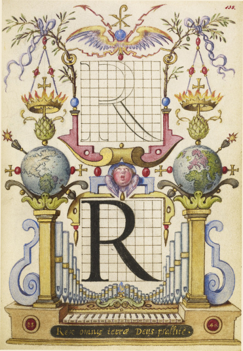 Joris Hoefnagel, Guide for Constructing the Letter R, 1591 - 1596, Watercolors, gold and silver pain