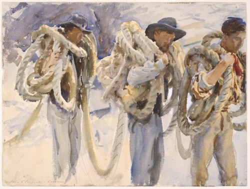 artist-sargent:  Workmen at Carrara, John Singer Sargent, 1911, Art Institute of Chicago: Prints and DrawingsOlivia Shaler Swan Memorial CollectionSize: 404 x 534 mmMedium: Watercolor with touches of opaque watercolor and scraping over graphite on ivory