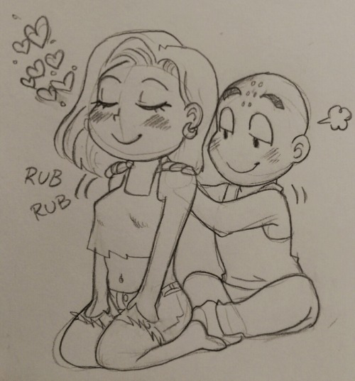 beebeerock:Getting a backrub from your hubby can be risky business.  krillin & android 18